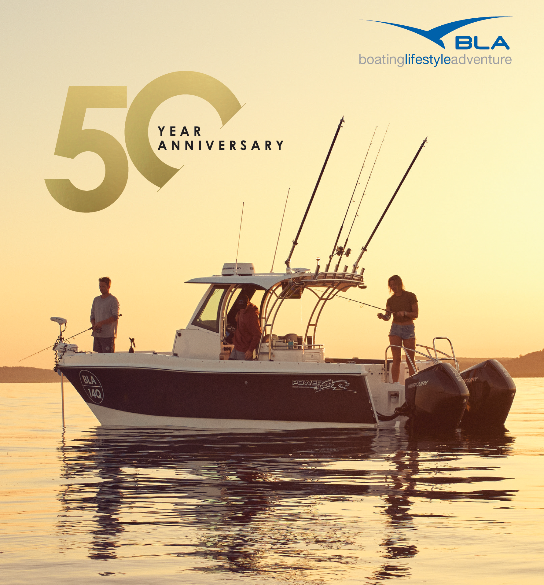 Boat on water with '50 Year Anniversary' text and 'BLA' branding.